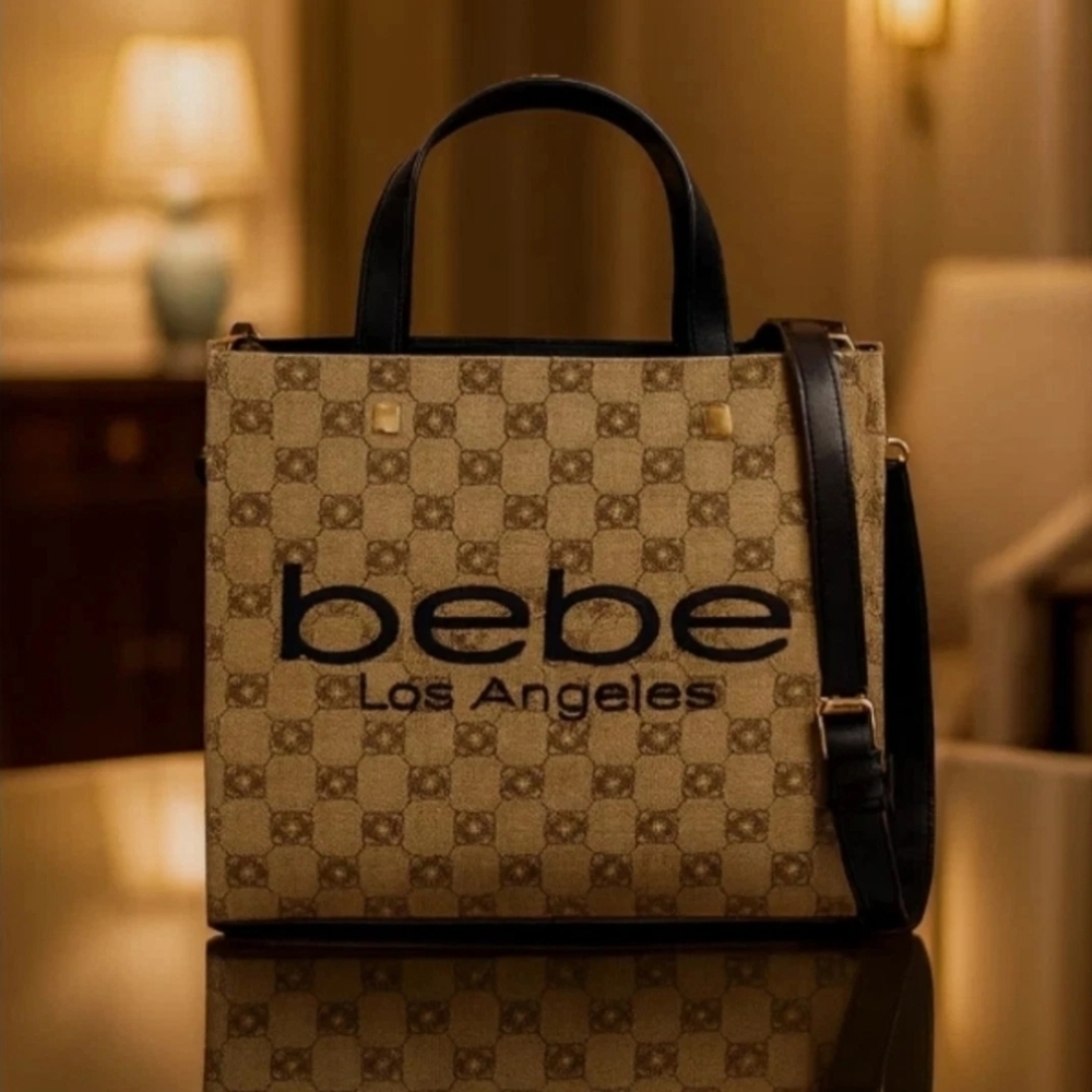 Bebe Los Angeles Talulla Mini Tan and Black Logo Tote - Picture 6 of 10